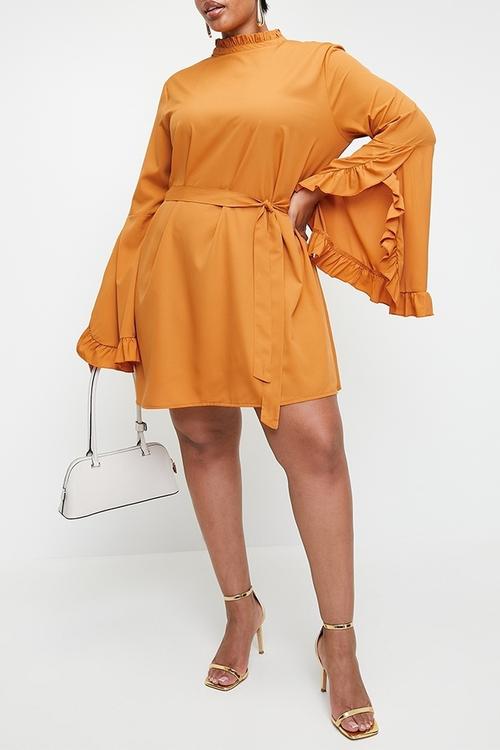Boho high neck wide sleeve shift dress - mustard