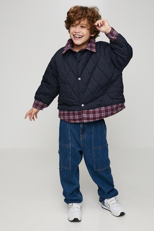 Diamond quilted flannel shirt jacket - navy/multi