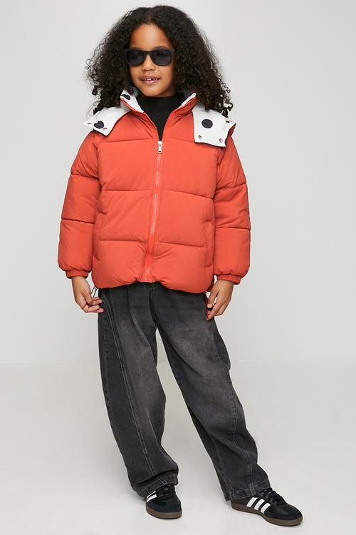 Snap closure hood puffer jacket - burnt orange/off white