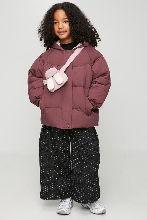 Animal ear puffer jacket with matching crossbody bag - burgundy/pink