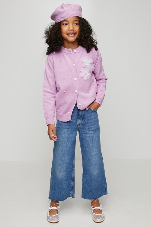 Pearl and flower embellished cardigan - light purple
