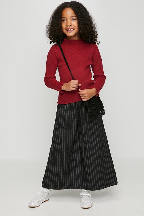Ribbed lettuce hem long sleeved top - ruby red