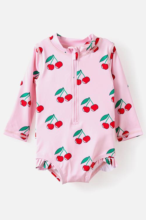 Lucy Long Sleeve Ruffle Back Swimsuit - Tea Party Pink/Cherries