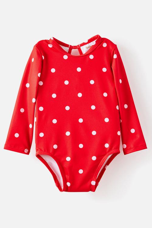 Leah Long Sleeve Keyhole Back One Piece - Varsity Red/Spots