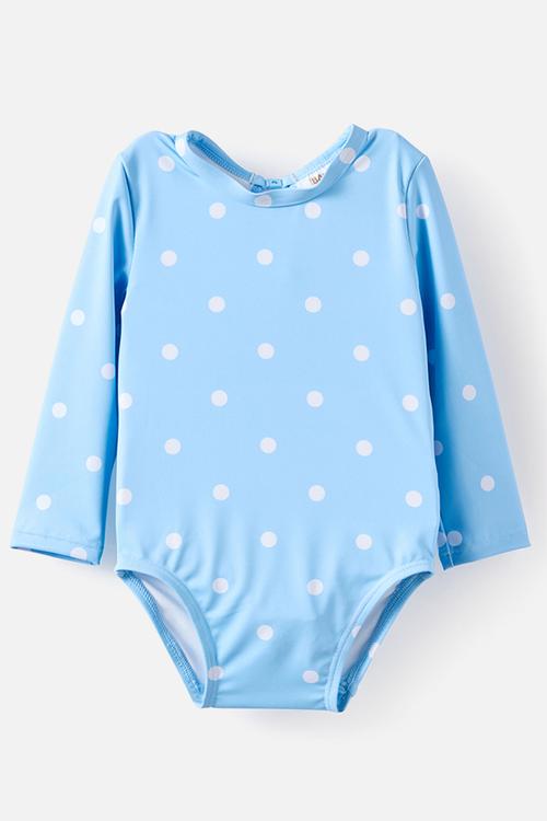 Leah Long Sleeve Keyhole Back One Piece - Dawn Blue/Spots