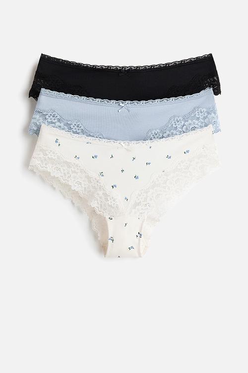 3-pack cotton and lace hipster briefs - light blue/cream/black/floral