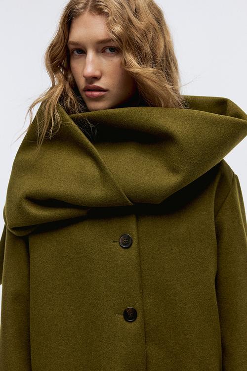Scarf-detail coat - olive green
