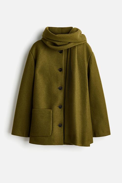 Scarf-detail coat - olive green