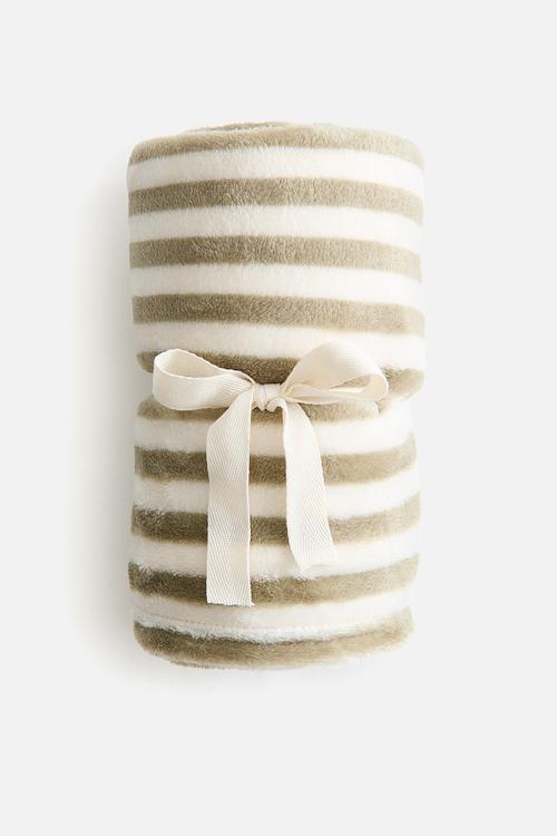 Striped fleece blanket - khaki green/striped
