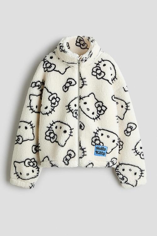 Motif-detail teddy jacket - cream/hello kitty