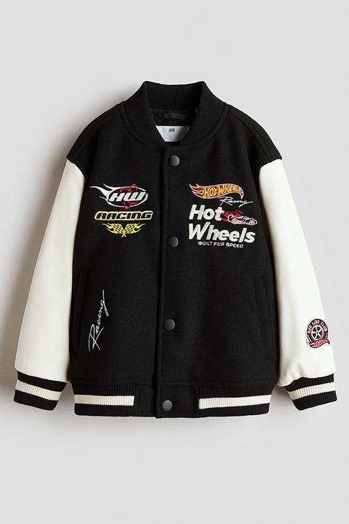 Motif-detail baseball jacket - black/hot wheels