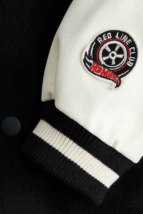 Motif-detail baseball jacket - black/hot wheels