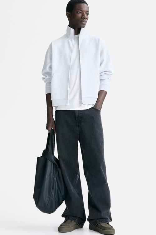 Loose fit boxy zip-through sweatshirt - light grey marl