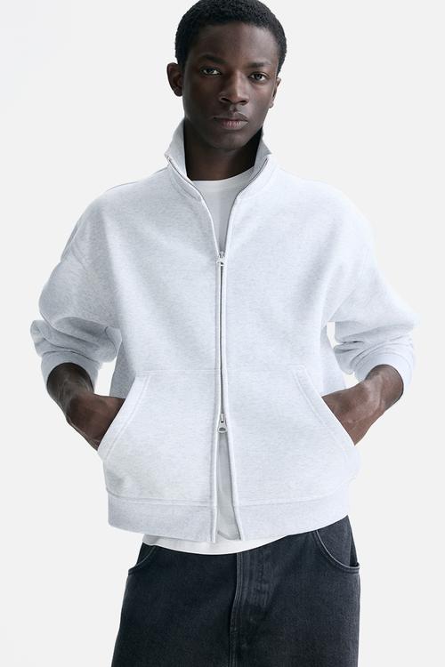 Loose fit boxy zip-through sweatshirt - light grey marl