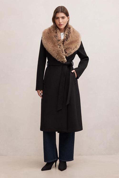 Shelby faux fur collar coat in black & camel