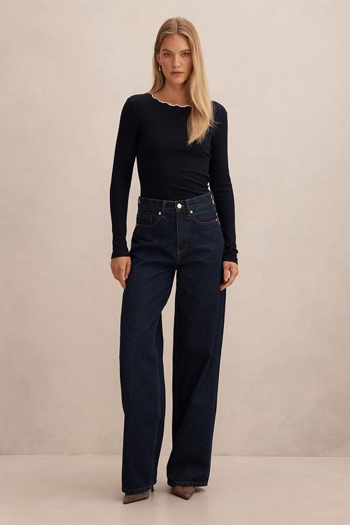 Rebecca scallop long sleeve top - navy/porcelain