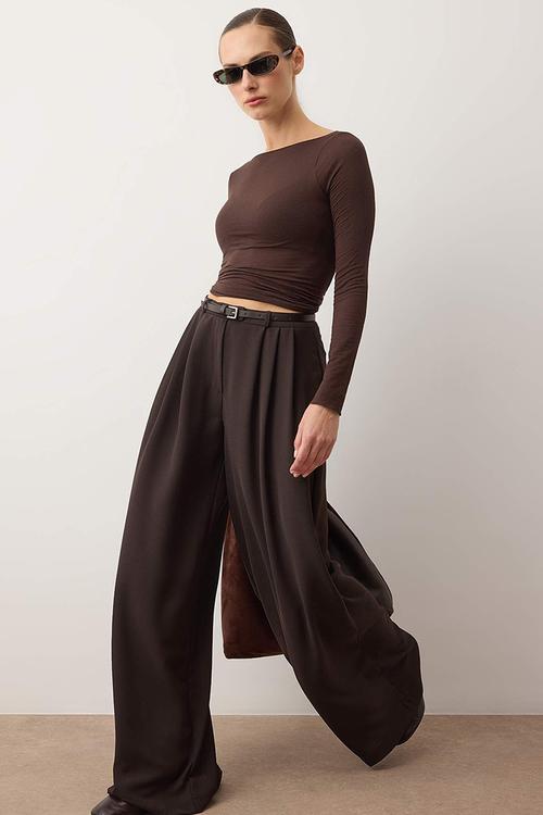 Belted Pleated Wide Leg Trousers - Brown
