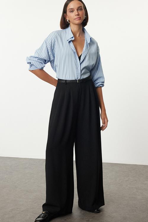 Belted Pleated Palazzo Trousers - Black