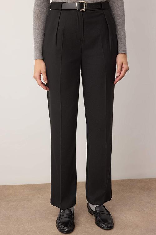Belted Straight Leg Trousers - Black