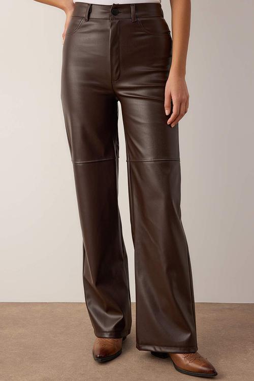 Relaxed Fit Leather Look Trousers - Brown