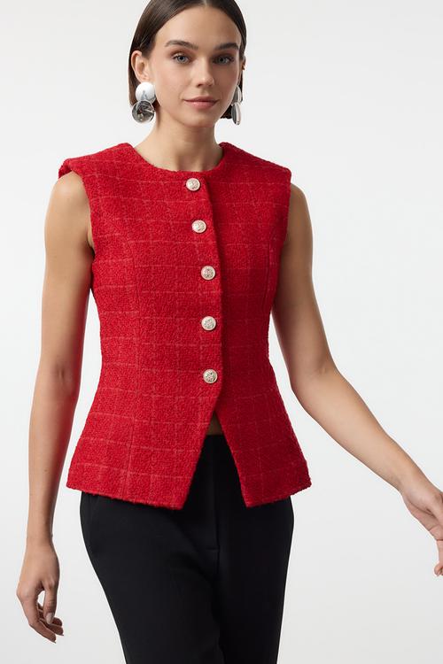 Regular Tweed Round Neck Woven Vest - Red