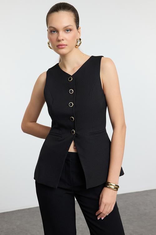 Round Neck Woven Vest - Black