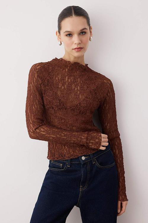 Fitted Bodycon Raglan Sleeve Blouse - Brown