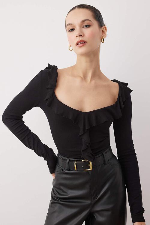 Ruffled Fitted Bodycon Knitted Blouse - Black