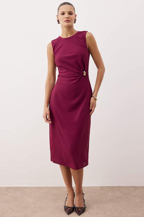 Straight Bodycon Midi Woven Dress with Accessory Detail - Dark Purple