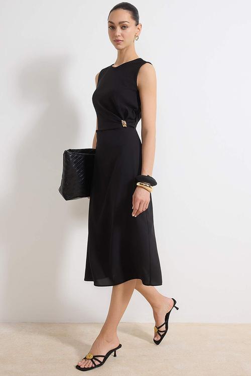Body Wrap Midi Woven Dress with Accessories - Black