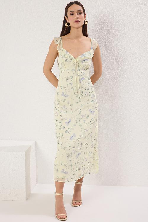 Floral A-Line Woven Midi Dress - Yellow