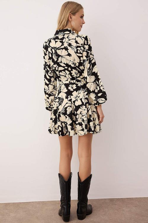 Floral Detailed Mini Woven Shirt Dress - Black