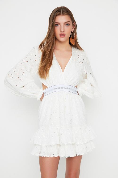 Waist Elastic Detailed Embroidery Dress - Ecru