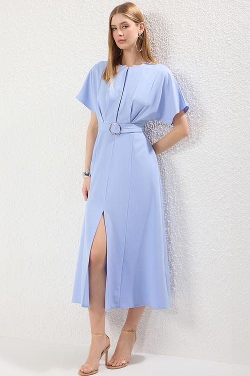Belted Skirt Waist Opening Dress - Light Blue