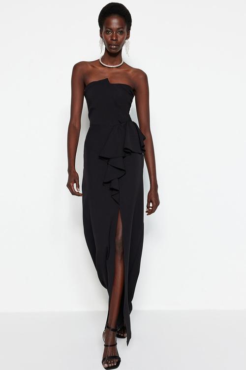 Woven Long Stylish Evening Dress, Night Graduation Dress - Black