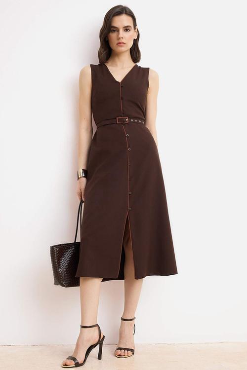 Belted Straight A-Line Midi Woven Dress - Brown