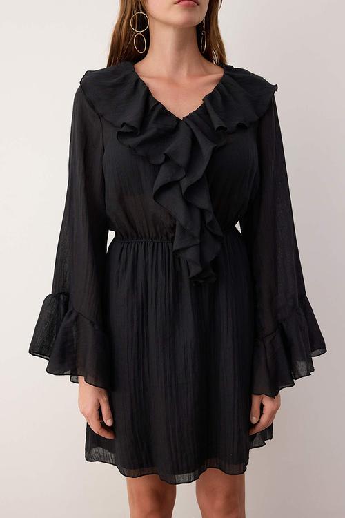 Ruffle Detail Boho Mini Woven Dress - Black