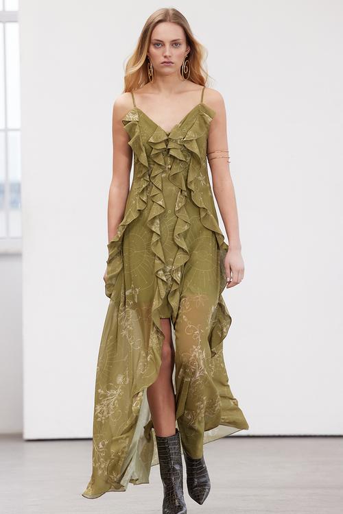 Limited Edition A-Line Flounced Chiffon Woven Evening Dress - Khaki