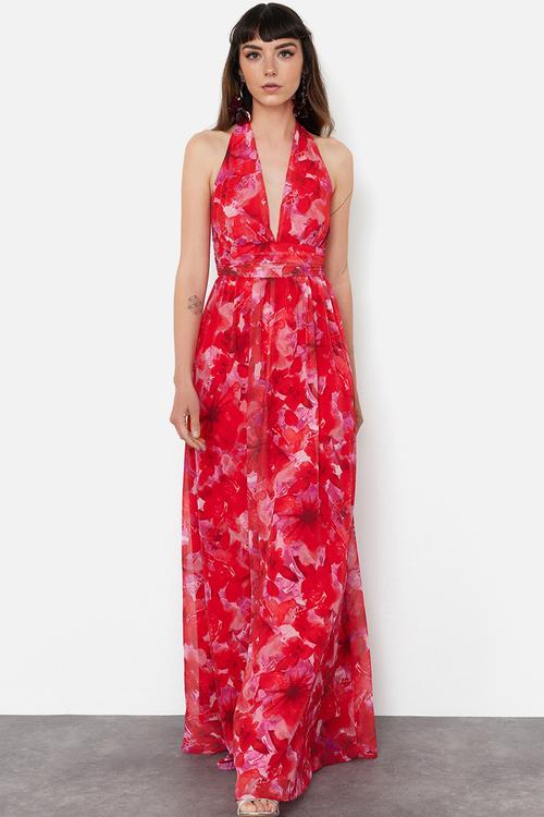 A-Line Floral Print Deep V-Neck Long Dress