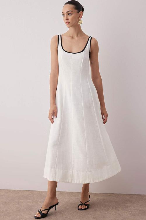 Linen Content Plain Midi Woven Dress - Ecru