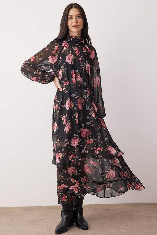 Floral Maxi Lined Chiffon Woven Dress - Black