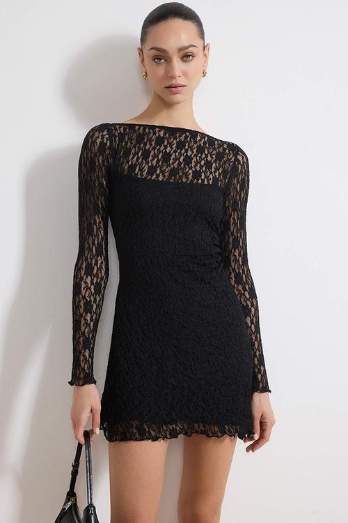Backless Asymmetrical Detail Mini Lace Stretchy Knitted Dress - Black