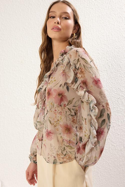Boho Floral Ruffled Woven Shirt - Multi