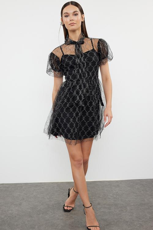 A-Cut Tulle Short Dress - Black