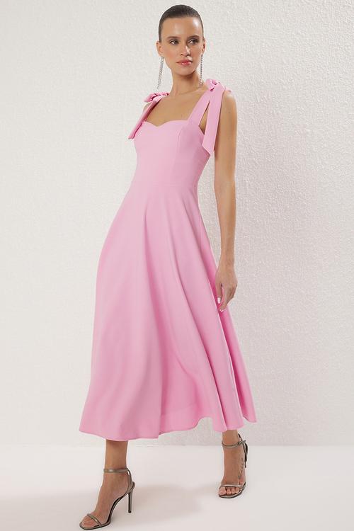 A-Line Strap Binding Detail Woven Evening Dress - Pink