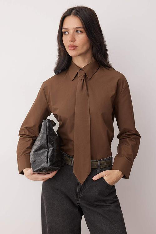 Tie Wide Cut Shirt - Brown