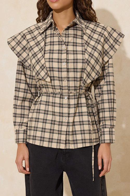 Plaid Detachable Shawl Detailed Shirt - Brown