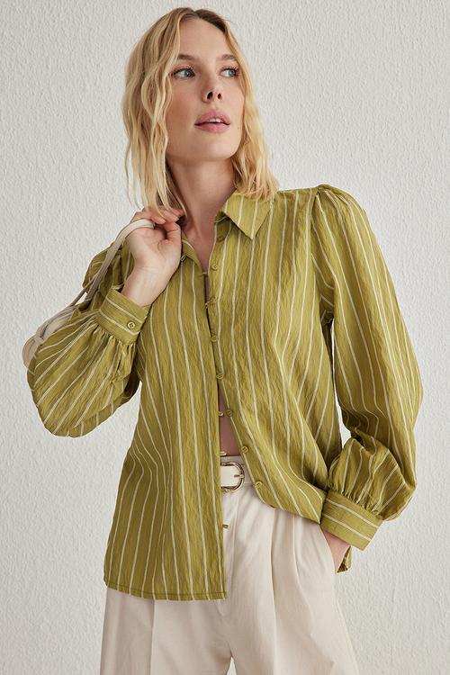 Back Tie Detailed Striped Button Regular Fit Woven Shirt - Khaki