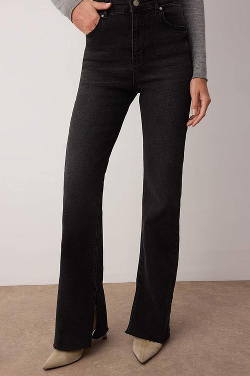 High Waist Flare Jeans with Slit Detail - Black