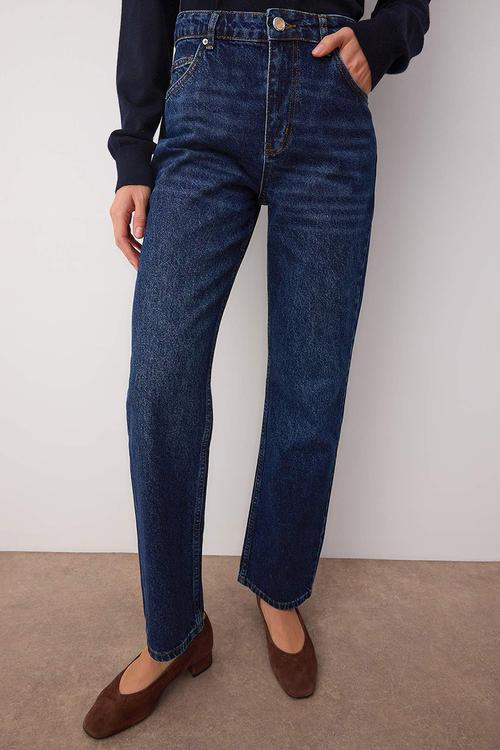 High Waist Straight Leg Jeans - Dark Blue